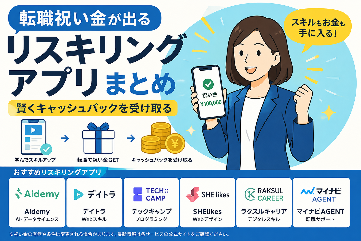 転職祝い金が出るリスキリングアプリまとめ。賢くキャッシュバックを受け取る